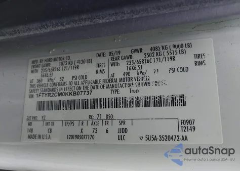 2019 Ford Transit-250 z USA, uszkodzony, nr VIN 1FTYR2CM0KKB07737